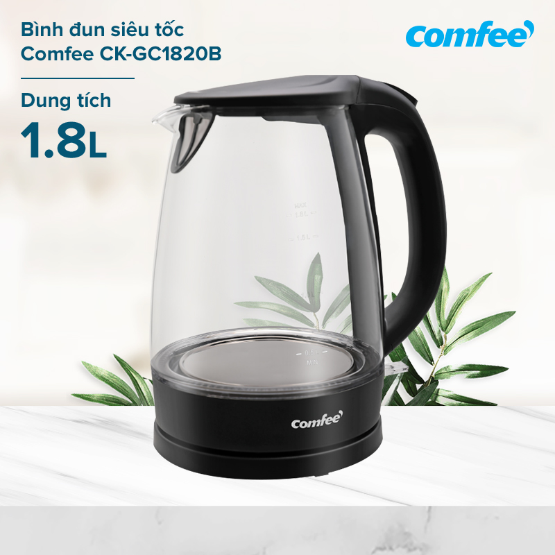 Bình đun siêu tốc Comfee CK-GC1820B 1.8L - Thủy tinh Borosilicate cường lực cao cấp - An toàn cho sức khỏe - Hàng chính hãng