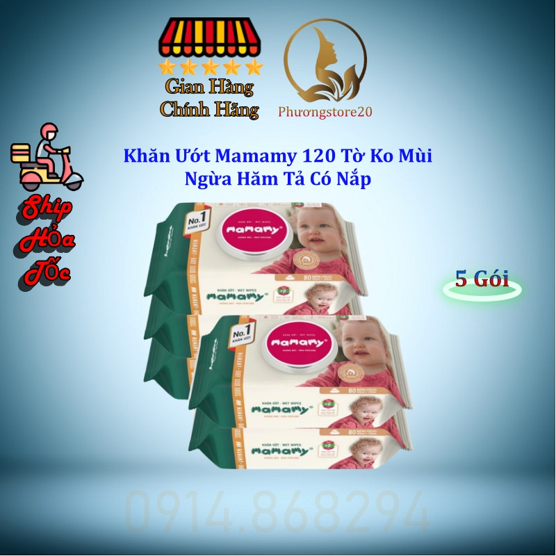   Combo 5 Gói  Khăn Ướt Mamamy 120 Tờ KO MÙI Chống Hăm Tả Có Nắp  Bibistore HCM  