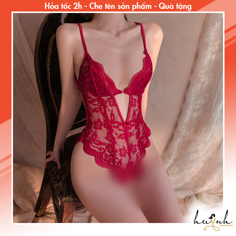 Bodysuit ren hở đũng phối nơ sau sexy - b70