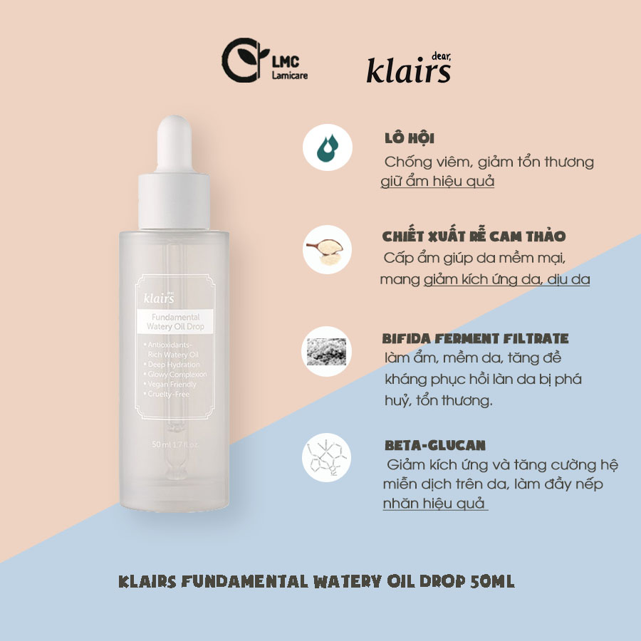 Tinh dầu dưỡng ẩm sâu chiết xuất trà xanh klairs fundamental watery oil drop 50ml