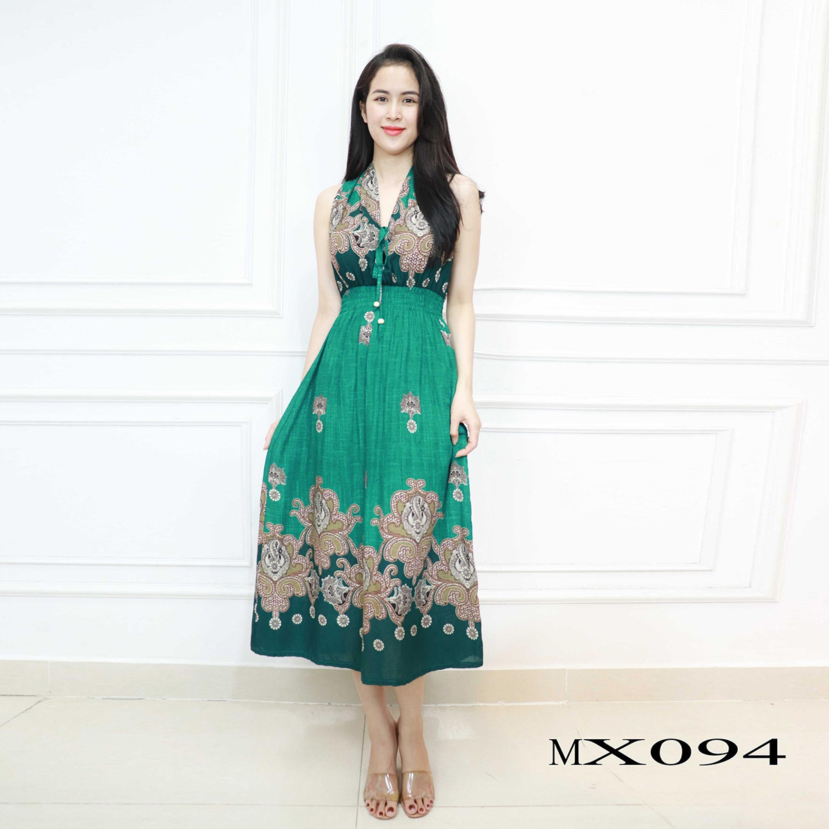 Đầm lanh maxi họa tiết thổ cẩm hai màu AMYRA Váy maxi hai dây xinh đẹp hai màu mx094