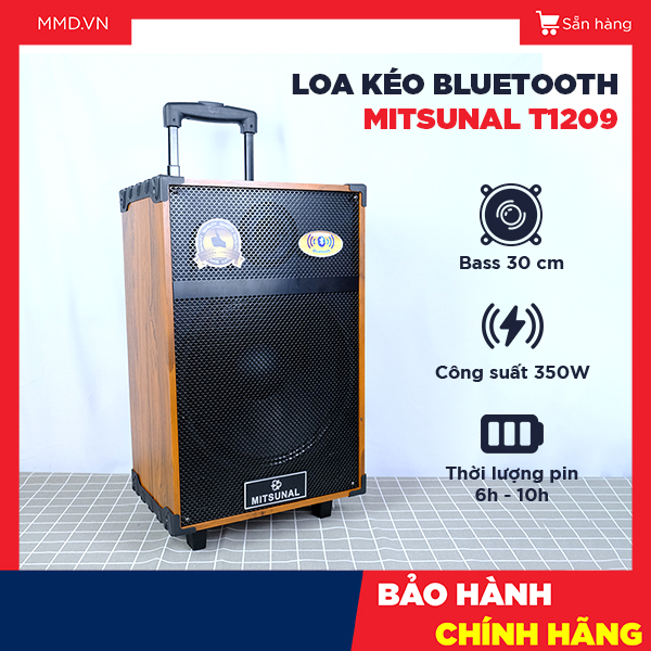 Loa kéo bluetooth mitsunal t1209m v-bass 30, tặng kèm 2 mic, 6-10h sử dụng liên tục, công suất 350w, bảo hành 6 tháng