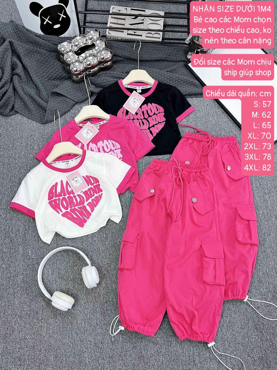 (16-40kg) Set áo croptop HOẠ TIẾT TIM BLACK.PINK phối quần kaki thô túi hộp cho bé gái