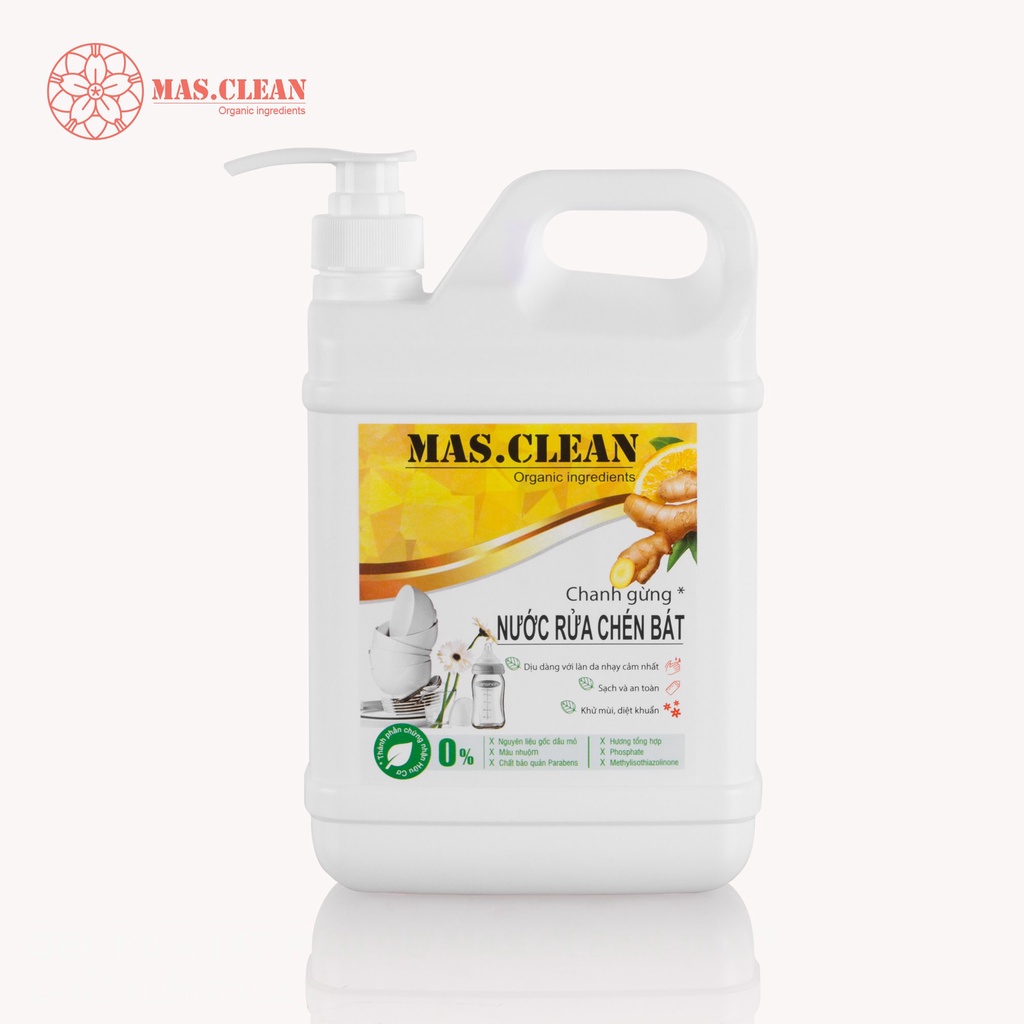 Nước rửa chén hữu cơ Mas.Clean sạch nhanh dầu mỡ và kháng khuẩn tự nhiên - can 1.8L