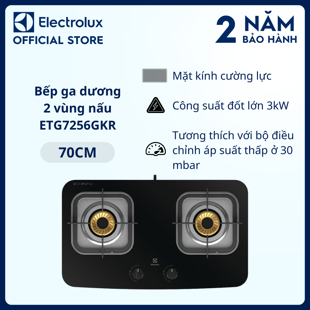 Bếp ga dương Electrolux 2 vùng nấu 70cm ETG7256GKR mặt kính cường lực bền đẹp, dễ lau chùi