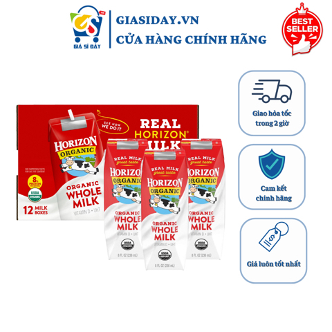 (HSD 25/03/2026) Sữa Tươi Dạng Nước Horizon Organic Whole Milk Nguyên Kem - Thùng 12 Hộp 236ml