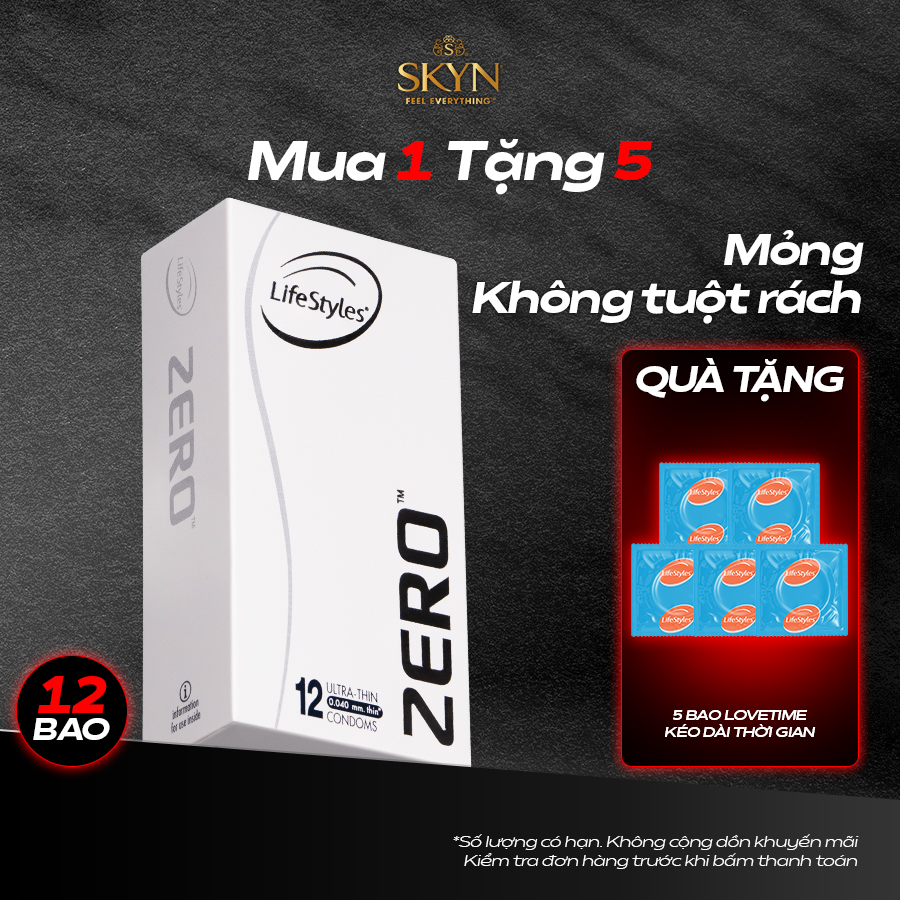 Bao cao su mỏng khít chân thật ôm sát LifeStyles Zero an toàn siêu bền chịu áp suất cao 12 bao/hộp