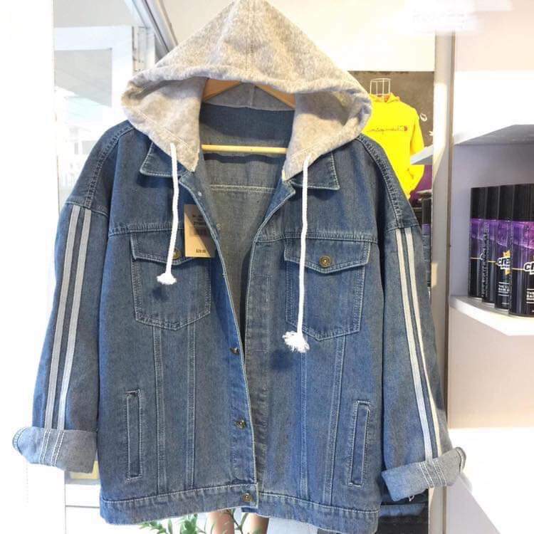 Áo khoác jean nam unisex sọc tay phối mũ nỉ siêu đẹp