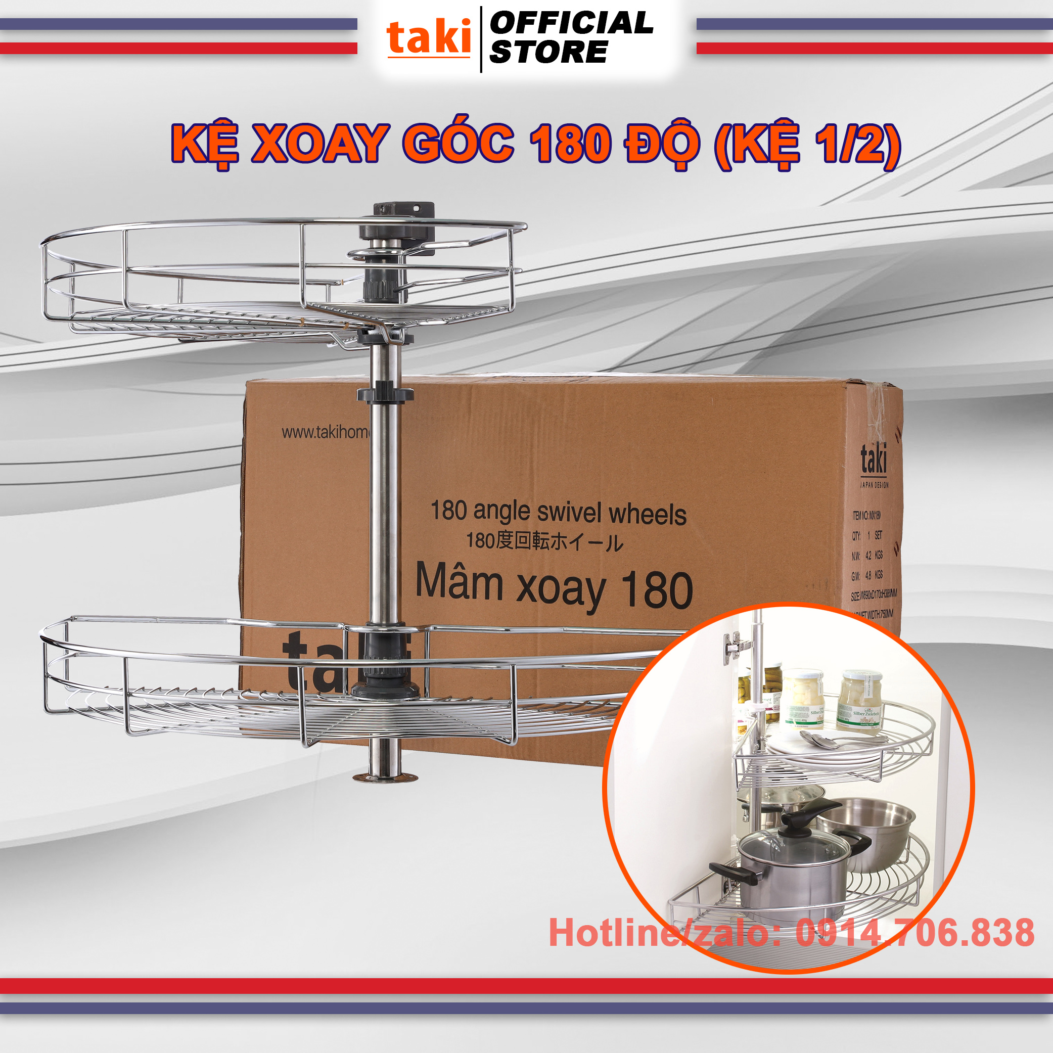 Kệ đa năng dạng xoay 180 độ góc tủ bếp dưới - inox cao cấp - bảo hành chính hãng