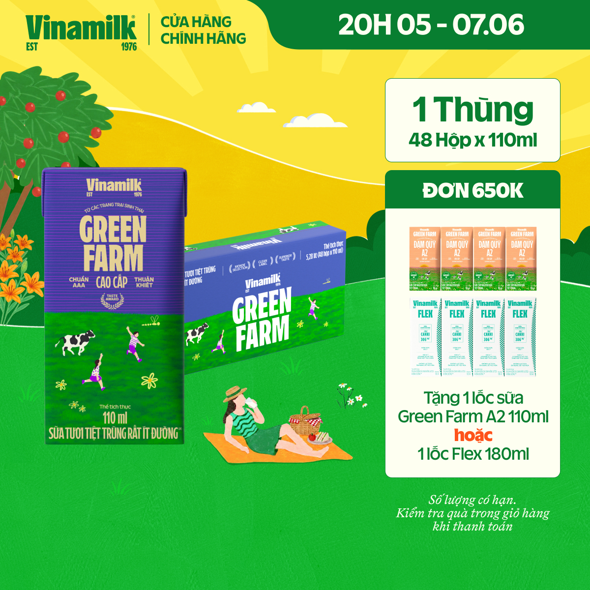 ] Thùng 48 hộp Sữa Tươi Tiệt Trùng Vinamilk Green Farm rất ít đường 110ml