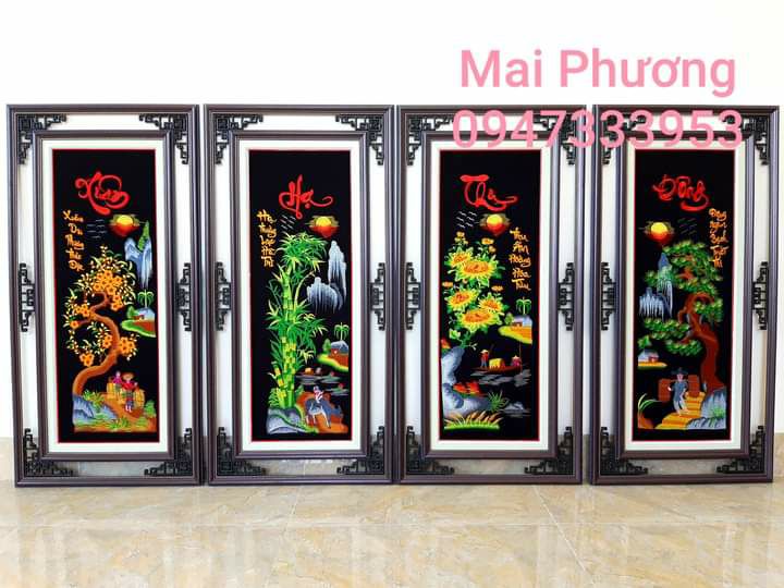 (Tranh thêu sẵn) TỨ QUÝ BỐN MÙA. Tranh gồm 4 bức tất cả ĐÃ THÊU SẴN về chỉ việc đóng khung.