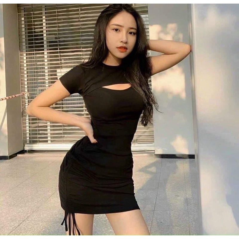 Đầm body hở ngực cộc tay rút hông 🦋 váy nữ dáng ôm khoét ngực đen trơn lona clothes