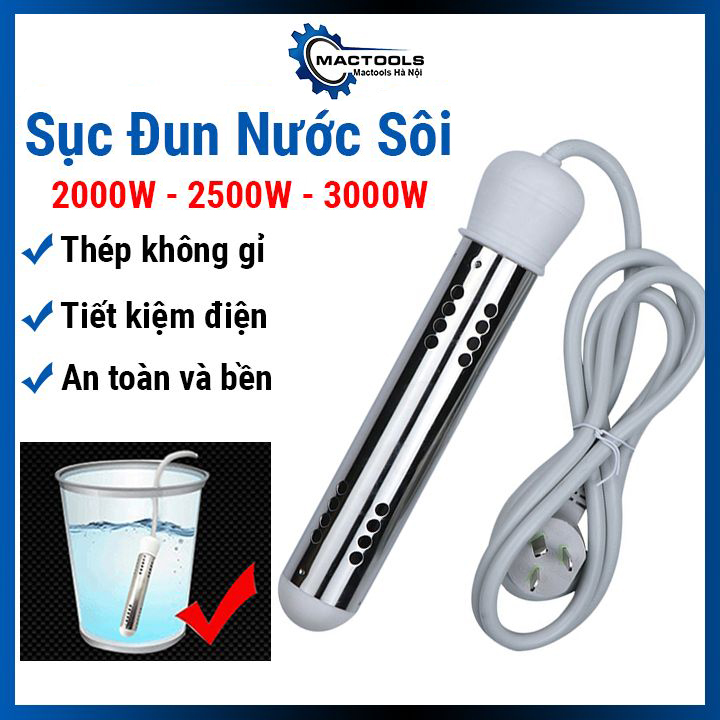 Sục đun nước sôi 220V, dây điện trở nấu nước nóng công suất 2000W, 2500W, 3000W thép không gỉ cao cấp