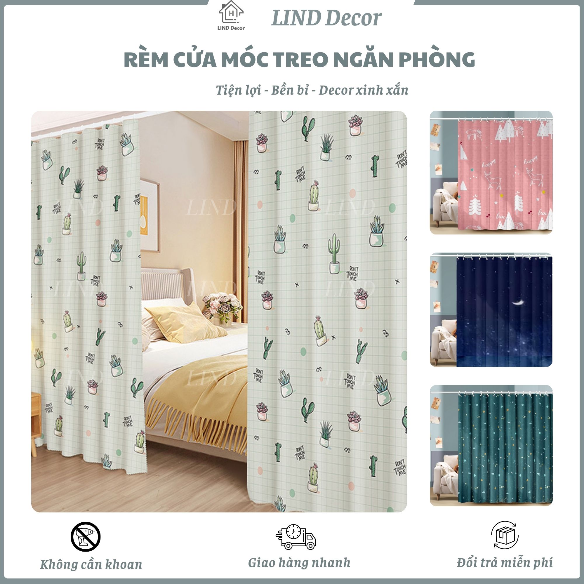  Rido Rèm Cửa Che Gác Trọ Ngăn Phòng Che Nắng Có Móc Treo Sẵn Nhà LIND HOME 