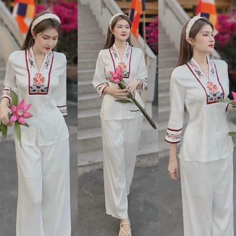 Đồ lam nữ đi chùa-pháp phục đi lễ chùa bộ chất lụa cao cấp la hán L04