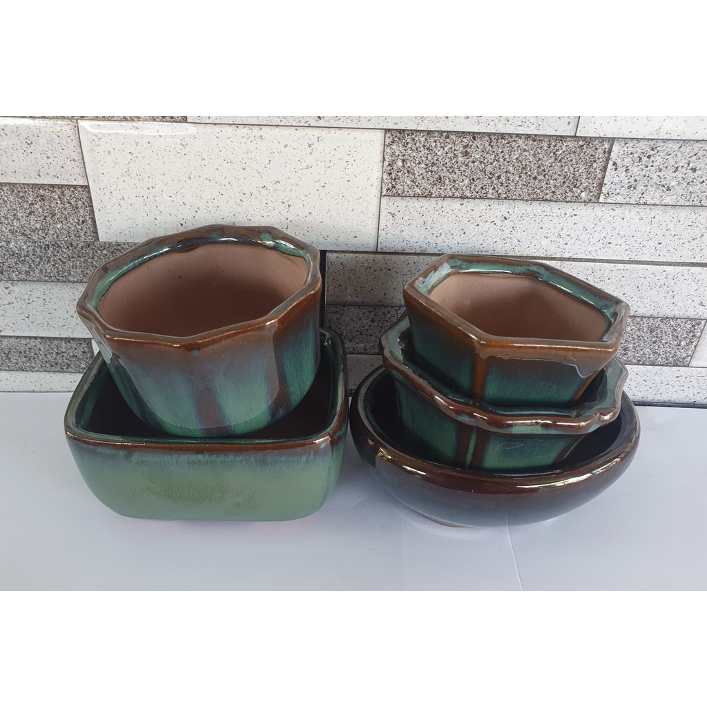 Combo 5 chậu gốm sứ men xanh