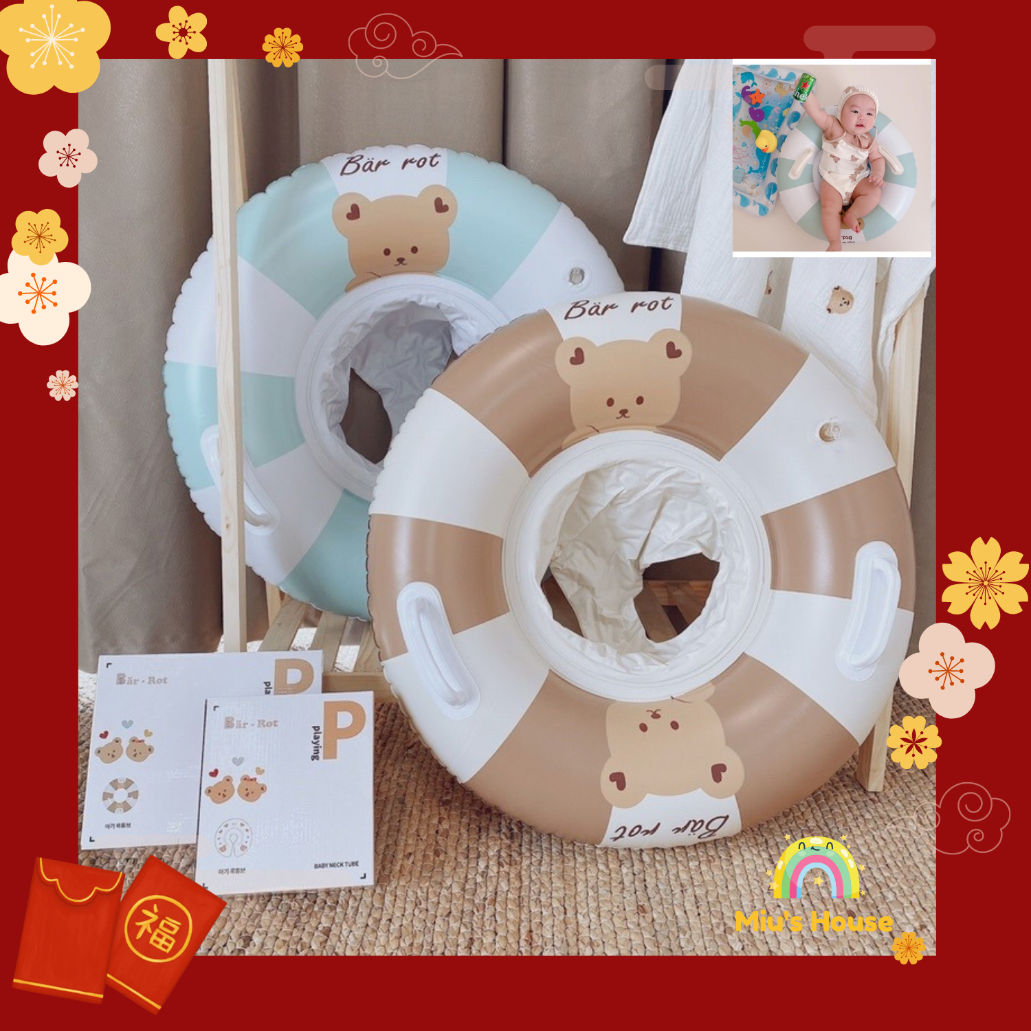 Phao tập bơi body chống lật, phao tập bơi dạng ngồi cho bé sơ sinh có tay cầm, chân xỏ chống lật an toàn cho bé