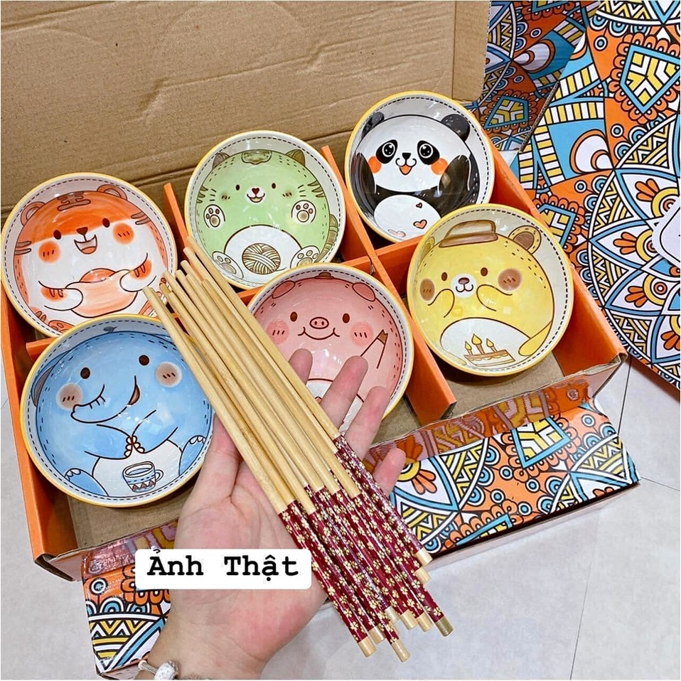 Bộ 6 chén kiểu hoa văn cao cấp và 6 đôi đũa kèm hộp làm quà tặng sang trọng - VinhBuiStore