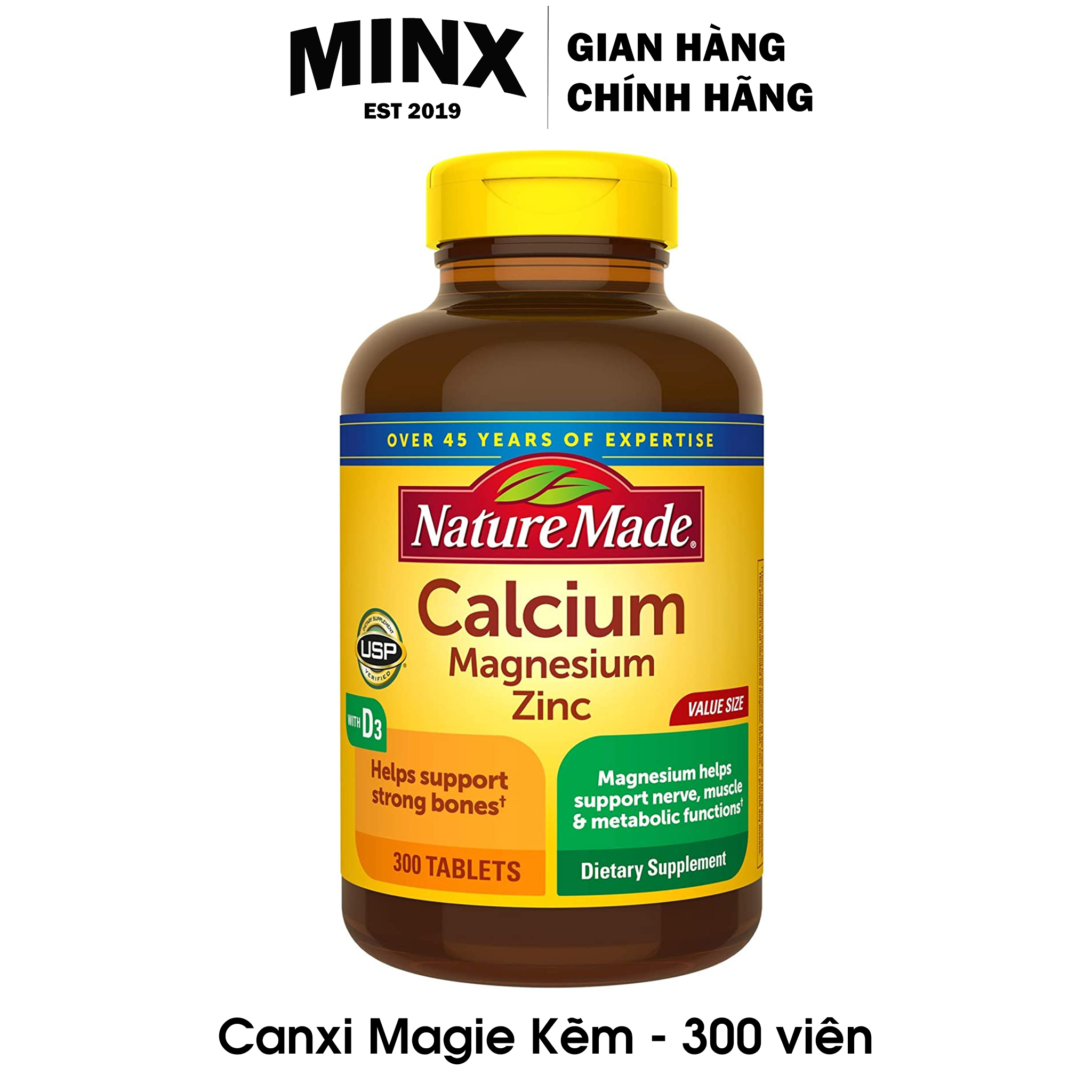 Viên uống Magie Canxi Zinc 300 viên Nature Made - Bổ sung Calcium Magnesium Kẽm - MINX Store