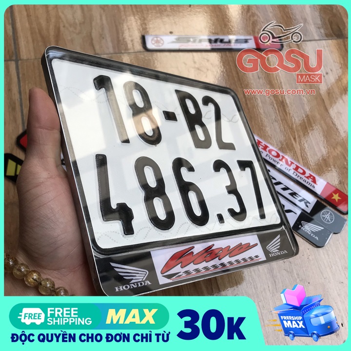 Khung biển số xe máy logo Honda Wave- Inox gò chống nước