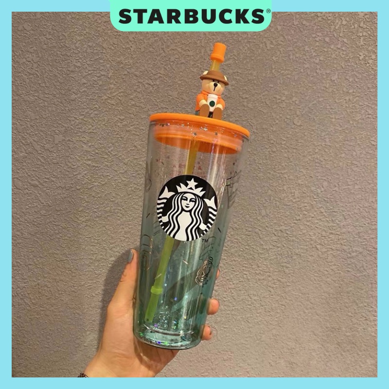 Bộ quà tặng sinh nhật ly thủy tinh 2 lớp Starbucks Camping Bear Dung tích 590ml
