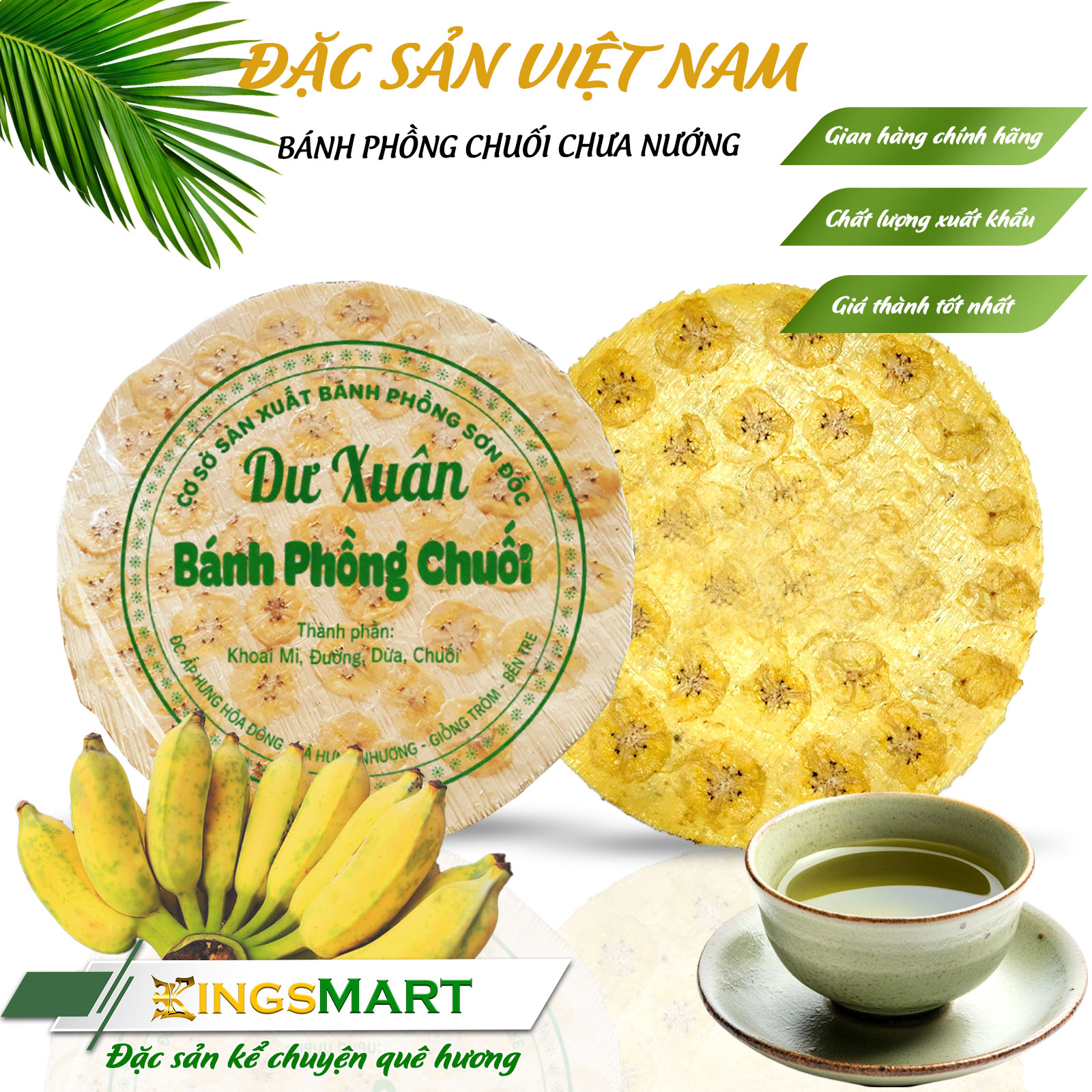 Bánh phồng chuối sống (chưa nướng) - Thương hiệu DƯ XUÂN - Đặc sản Sơn Đốc Bến Tre - Túi 300g/10 bánh - Kingsmart