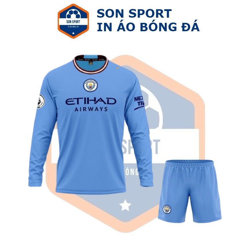 Bộ quần áo bóng đá thun thái dài tay clb manchester city xanh dương viền đỏ