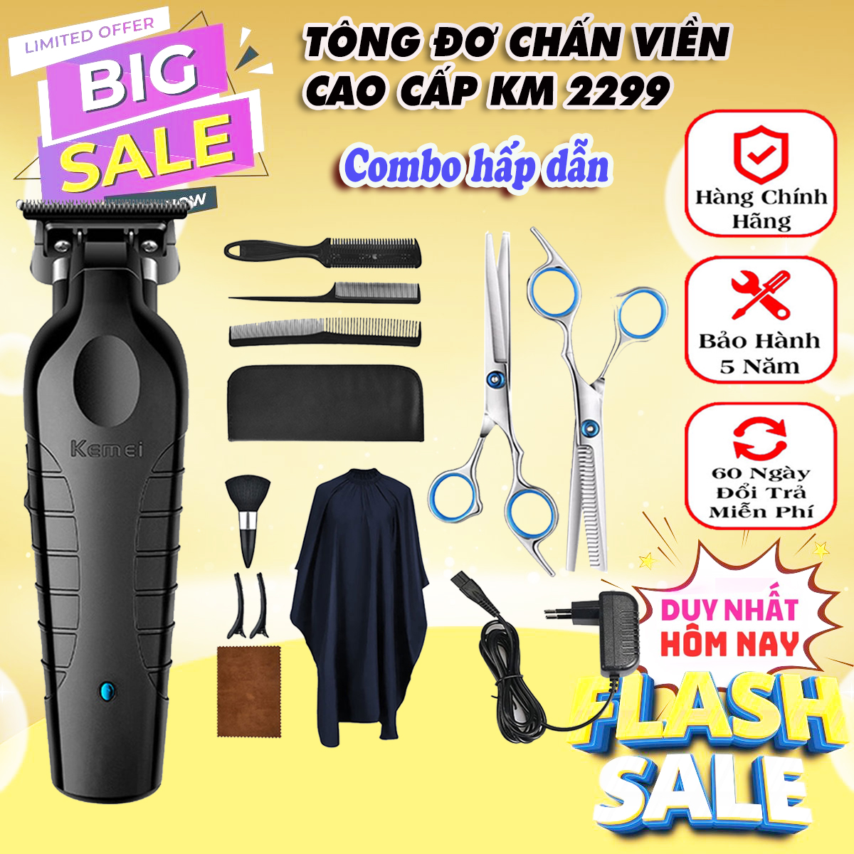 Tông đơ cắt tóc chấn viền cao cấp kemei 2299, Tông Đơ Bấm Viền Kemei 2299 Barber Tóc Chính Hãng Siêu Nét bán kèm bộ phụ kiện cắt tóc cáo cấp 11 món. bao hanh 5 năm