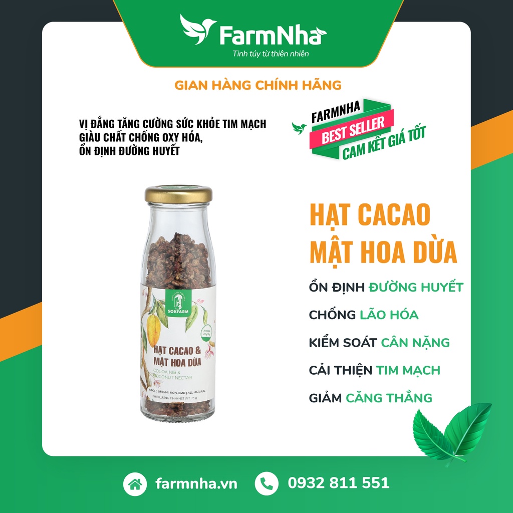 Hạt Cacao Mật Hoa Dừa Sokfarm 75gr 100% Organic Chuẩn FDA Hoa Kì