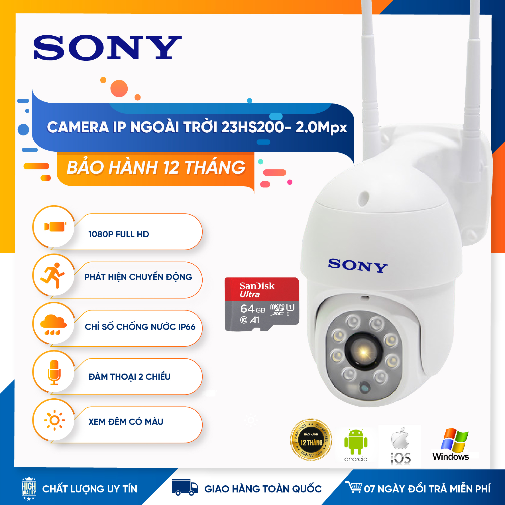 [ Tặng kèm nguồn 28k] Camera wifi ngoài trời SONY 23HS200 2.0MP Full HD, xem đêm có màu  đàm thoại 2 chiều, xoay 360 độ, hỗ trợ thẻ nhớ lên tới 128G,chống nước IP66, cảnh báo chống trộm, XEM ĐÊM CÓ MÀU, tặng kèm nguồn 12V2A