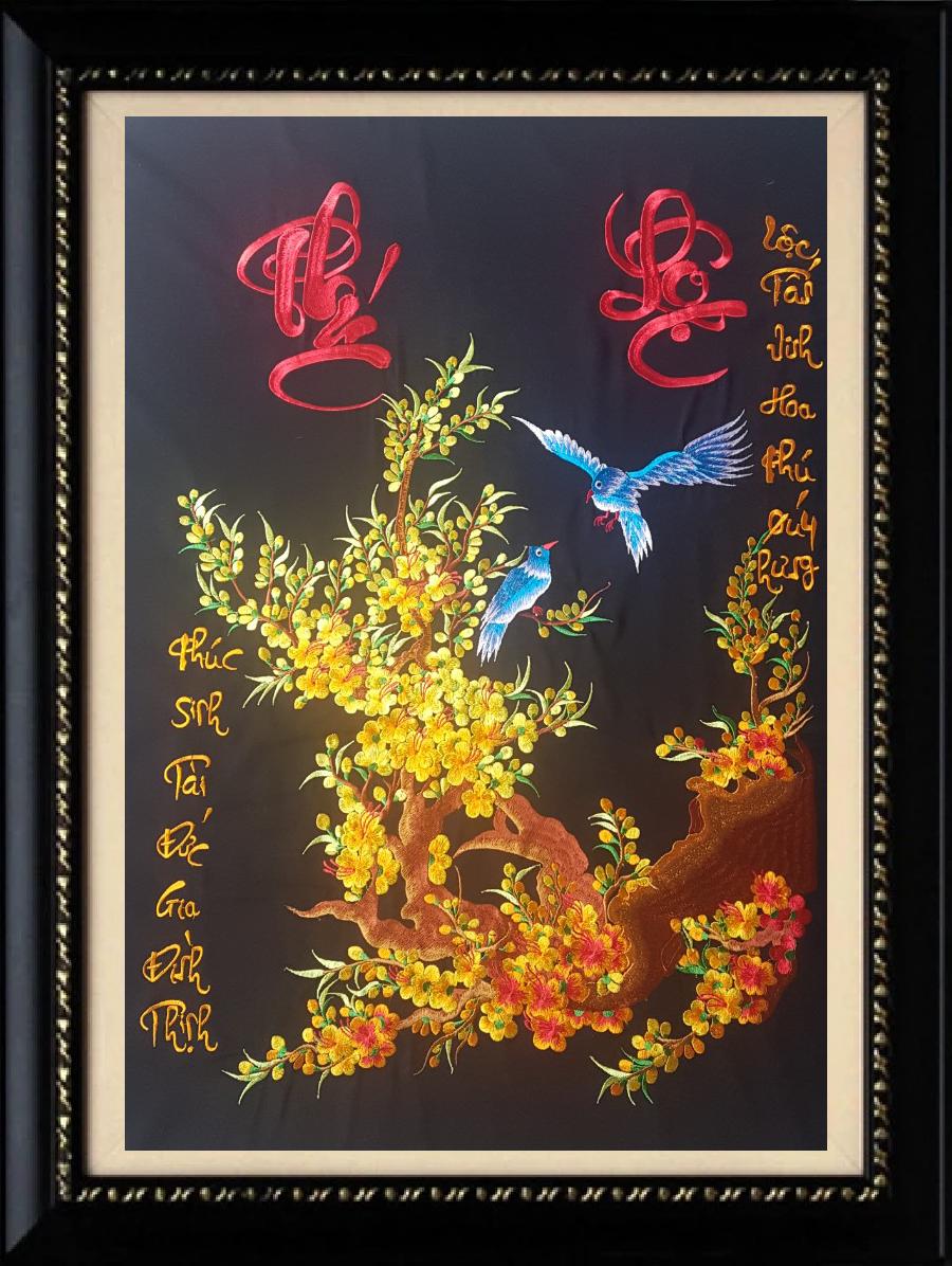 [ TRANH THÊU VI TÍNH] Tranh thêu thành phẩm Hoa Đào thêu chữ Phúc Lộc treo phòng khách, phòng ngủ