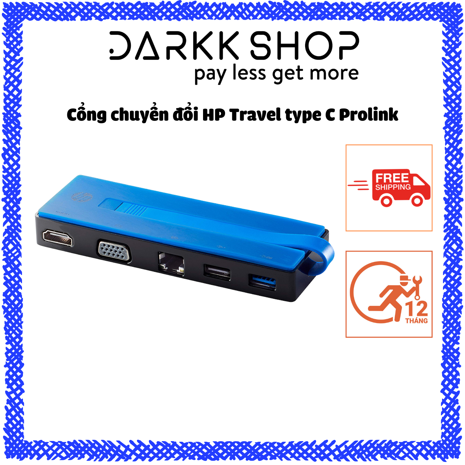 Hub HP Type C 5in1 - Cổng chuyển đổi HP USB C to HDMI, VGA, LAN, USB 3.0, USB 2.0 - Darkk Shop - bảo hành 12 tháng