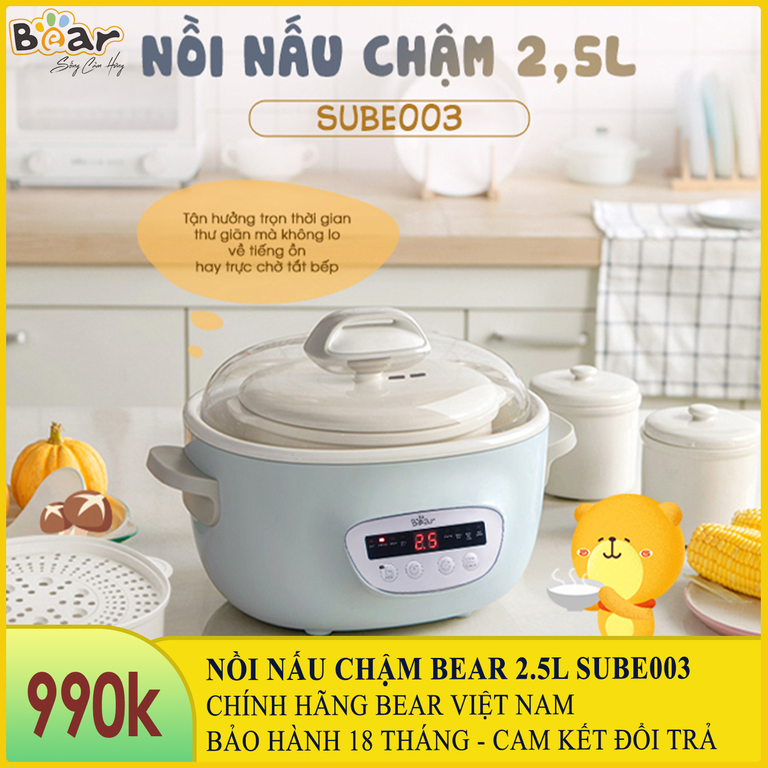 Nồi nấu chậm bear 2.5l sube003, nồi nấu cháo chậm, nồi hầm cháo cho bé bear phiên bản quốc tế - hdsd tiếng việt - bảo hành chính hãng 18 tháng