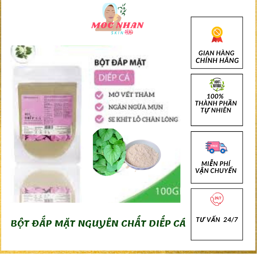 Bột diếp cá nguyên chất đắp mặt nạ giúp ngăn ngừa mụn, mờ vết thâm, se khít lỗ chân lông mộc nhan skin 100g , noc nhan skin