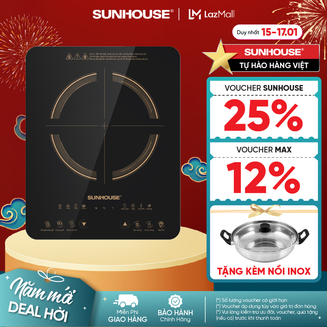 Bếp điện từ sunhouse cảm ứng shd6803 - công suất 2000w - kính cường lực siêu bền - 8 chế độ nấu đa dạng - bảo hành chính hãng 12 tháng