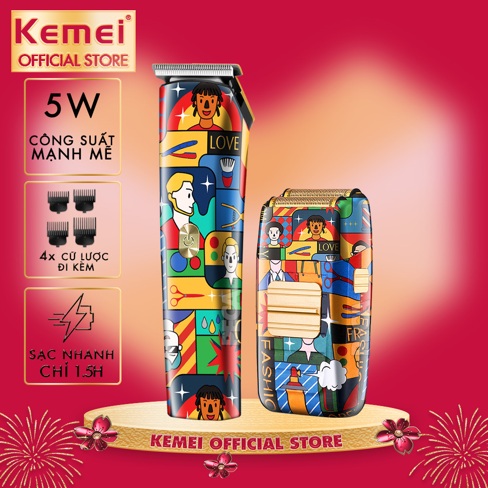 Combo Tông đơ chấn viền và máy cạo râu Kemei KM-5017H, KM-1102H thiết kế độc đáo, kết hợp cạo trọc, cạo râu - Hàng chính hãng