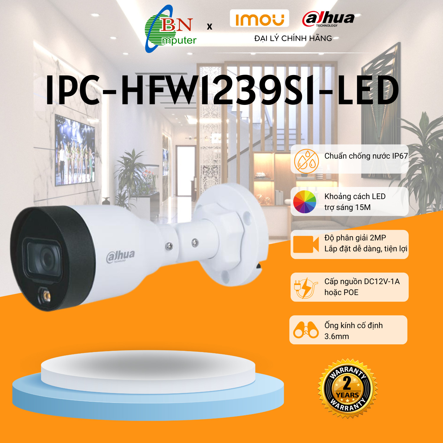 Camera IP Dahua HFW 1239S1-LED-S5 độ phân giải 2.0MP, tích hợp đèn led trợ sáng cho hình ảnh có màu 24/24h