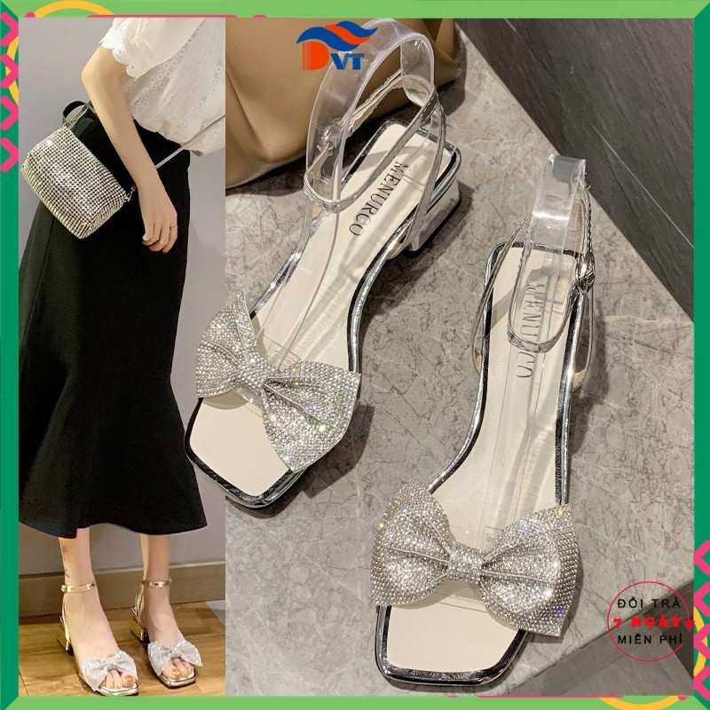 Sandal nữ đế bệt DVT hàng thiết kế, họa tiết nơ đính đá, chất liệu da cao cấp, tặng kèm quà