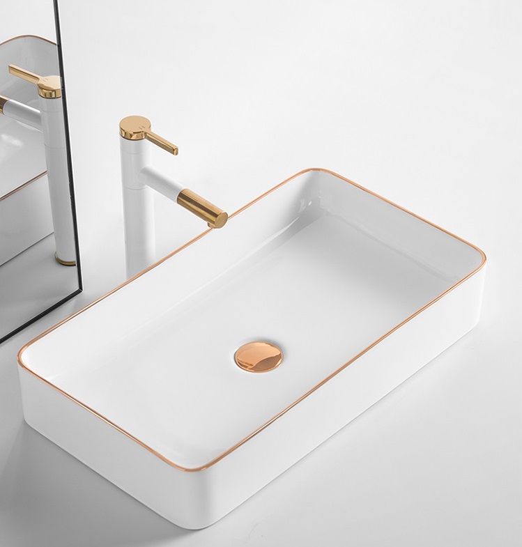 Lavabo để bàn màu trắng viền vàng nghệ thuật
