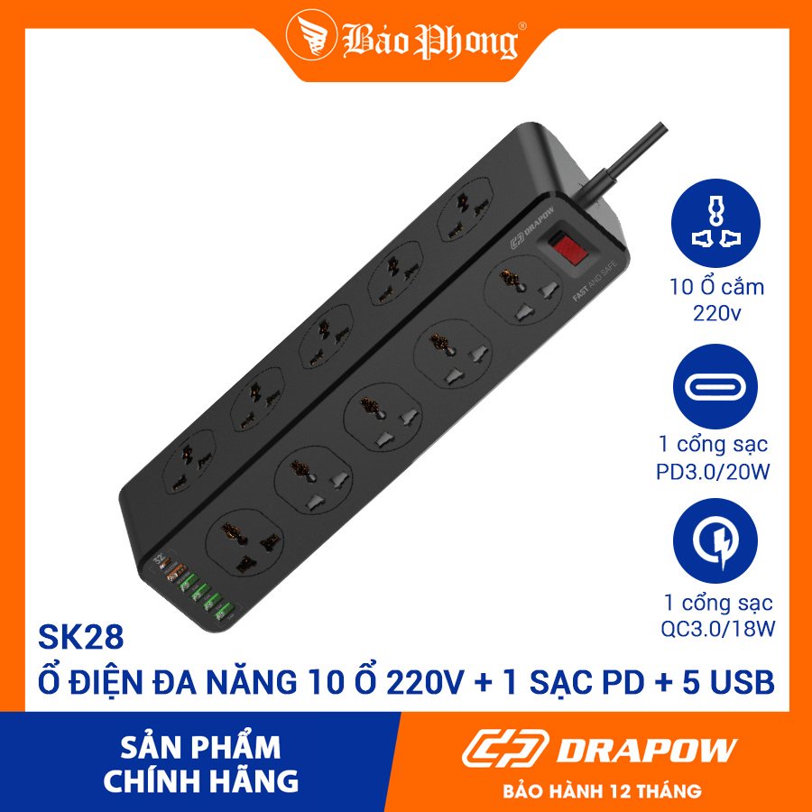 Ổ cắm điện đa năng drapow sk28 có 10 ổ cắm điện 220v + 5 cổng usb a + 1 cổng type c sạc nhanh pd