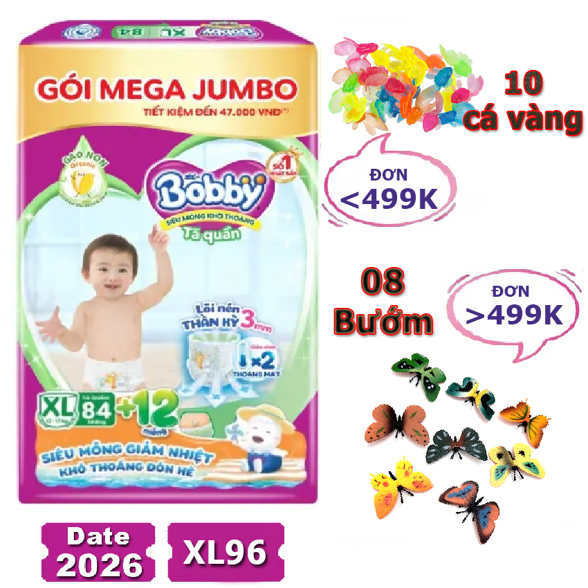 Tã quần bobby xl84, xxl76 mẫu mới date 2026 mega jumbo tã quần bobby l96, tả bobby m112