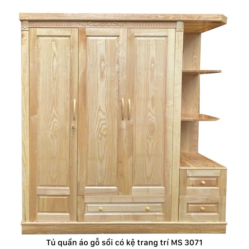 Tủ Quần Áo Gỗ Sồi Có Kệ Trang Trí 1m8 , Tủ Quần Áo Gỗ Sồi 3 Cánh Có Kệ Góc