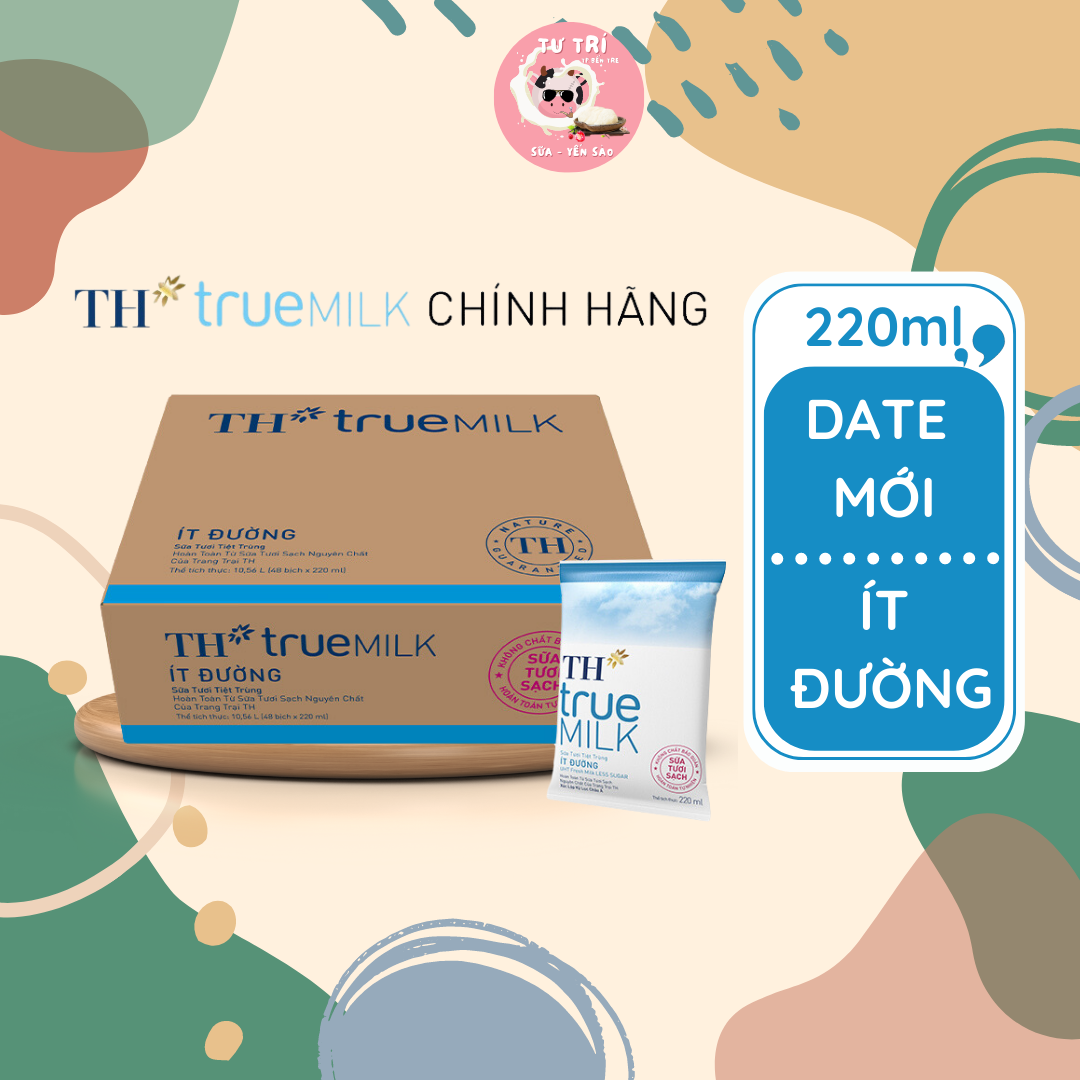 Sữa TH True Milk Ít đường bịch giấy 220ml thùng 48 bịch. Date luôn mới