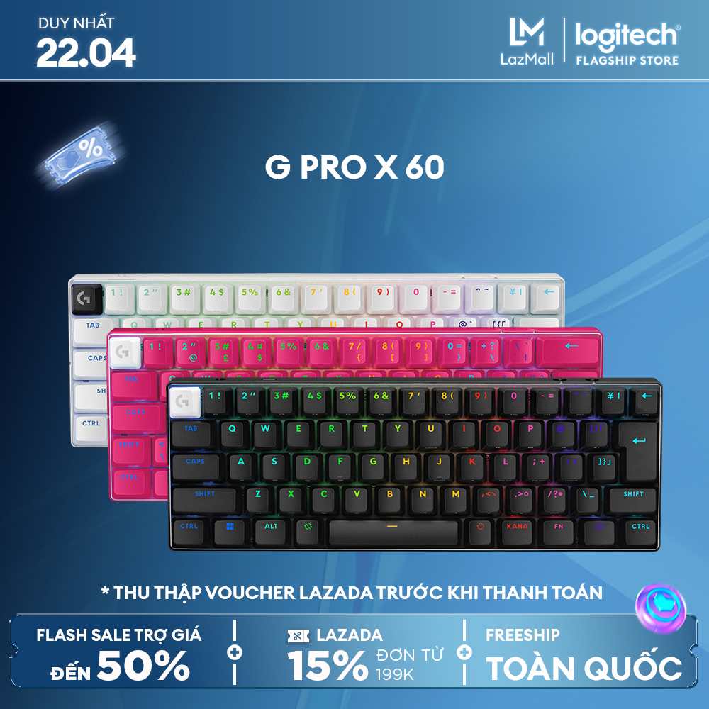 Bàn phím game không dây Logitech G PRO X 60 LIGHTSPEED - Phím cơ Siêu nhỏ gọn TKL 60% dành cho máy tính Windows, LIGHTSYNC RGB, Mũ phím nhựa 2 lớp PBT, switch GX Tactile