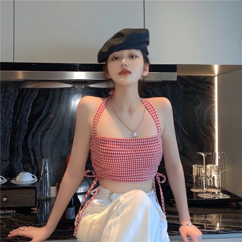 Áo croptop nữ kiểu cột nơ rút dây 2 bên vải kate ca rô siêu hót (có mút ngực)