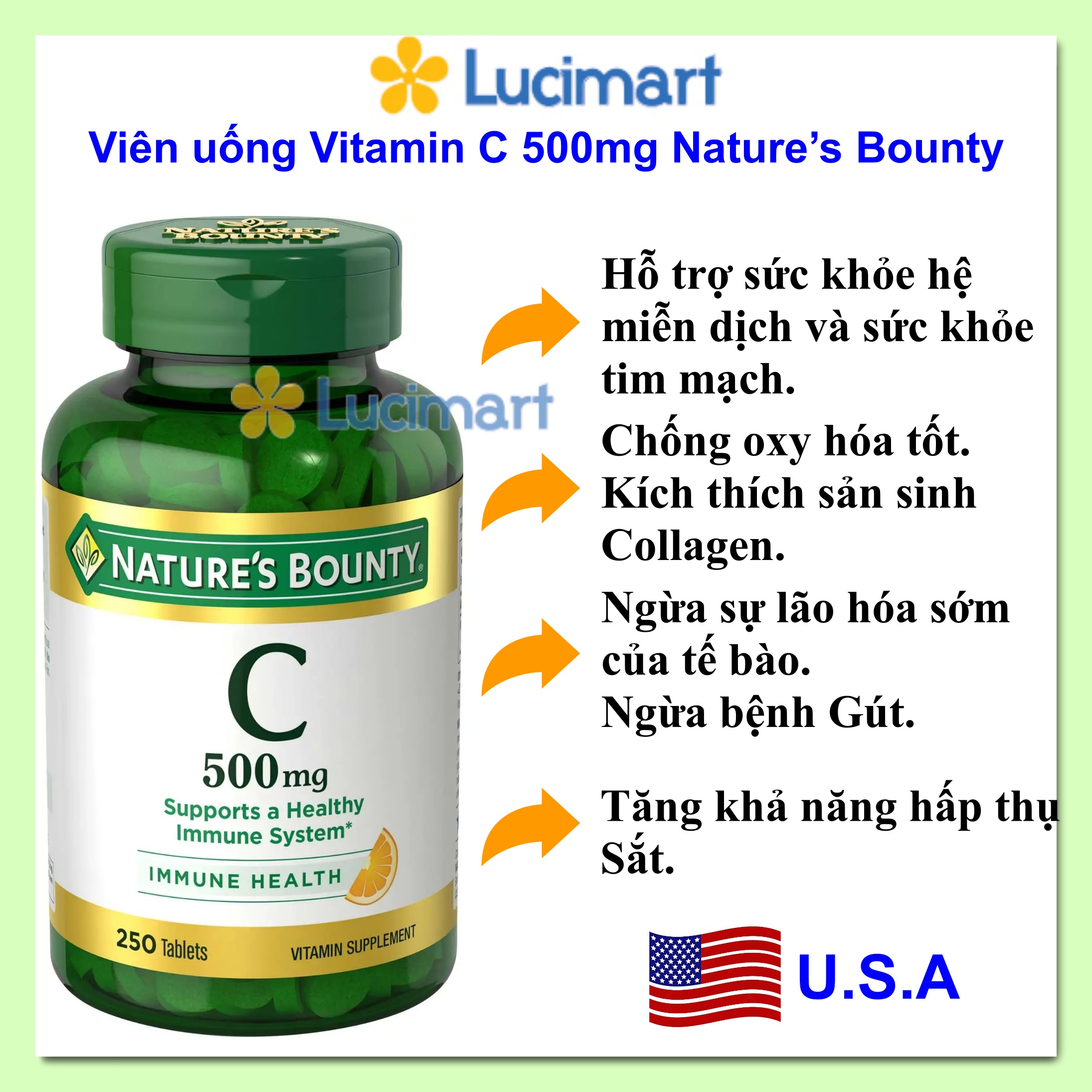 Viên uống Vitamin C 500mg Nature s Bounty hũ 250 viên Hàng Mỹ