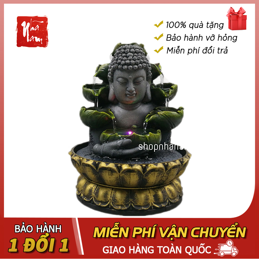 Thác nước phong thủy để bàn đức phật tọa hồ sen, tặng máy bơm thác nước Phong Thủy Nhã Nam