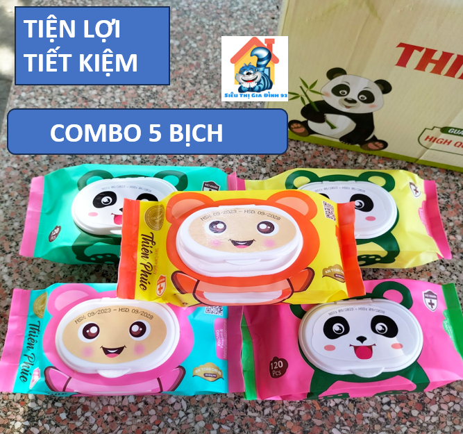COMBO 5 Bịch khăn giấy ướt gấu trúc, giấy ướt Baby Thiên Phúc 120 tờ không mùi