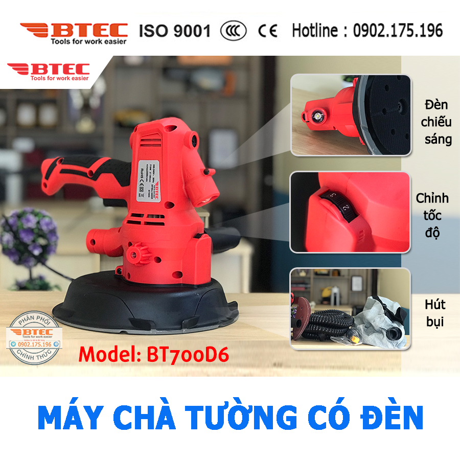 Máy chà tường BTEC BT700D6, Có đèn, Có hút bụi, Điều chỉnh 6 tốc độ, Công suất 710W