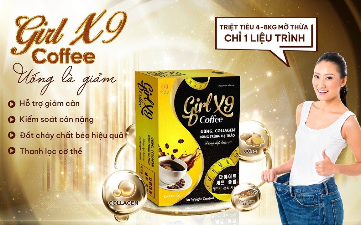 Caffe giảm cân Girl X9 với thành phần gừng, collagen, đông trùng hạ thảo hỗ trợ giảm cân, kiểm soát cân nặng, hạn chế hấp thu chất béo,làm đẹp da- hộp 12 gói